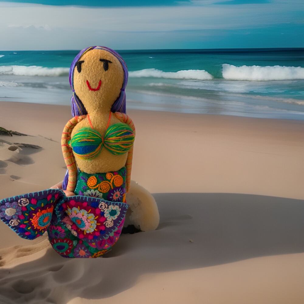 Handmade Embroidered MermaidCore 14”plush Doll Flowers Maya Mexican Folk Art